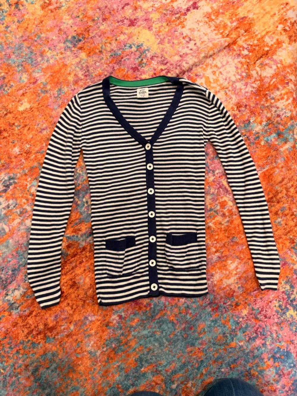 Mini Boden Girls Navy Stripe Cardigan Size 9 Button Front Knit Sweater